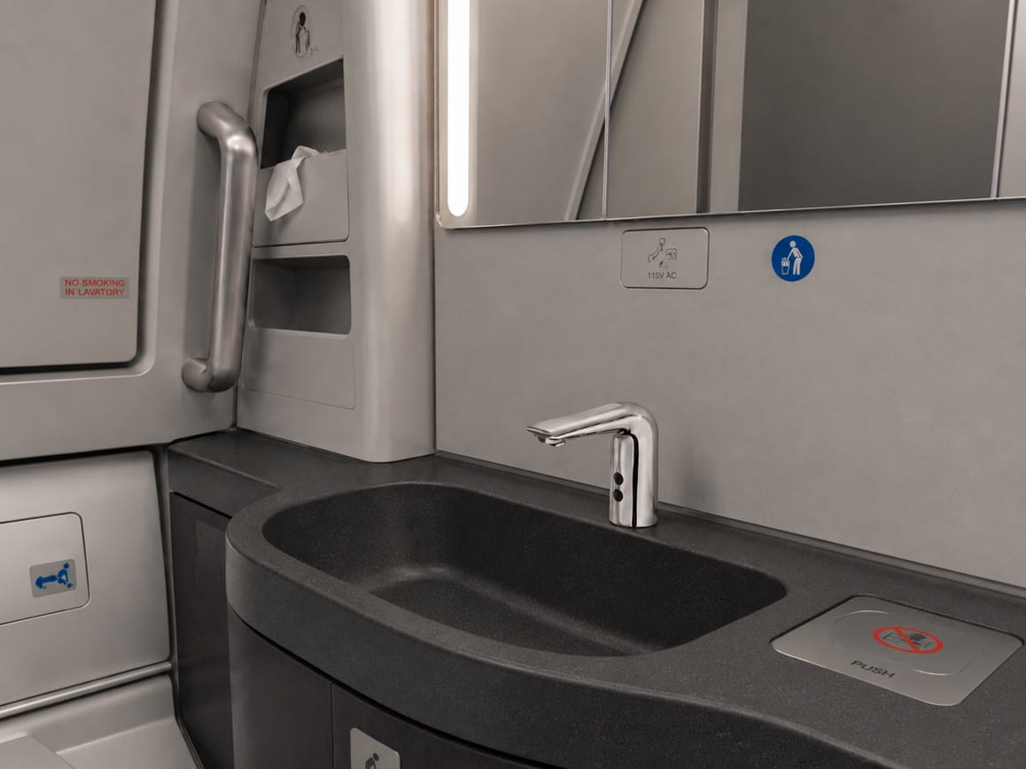 Touchless aircraft faucet demonstrating controlled water flow from a compact spout